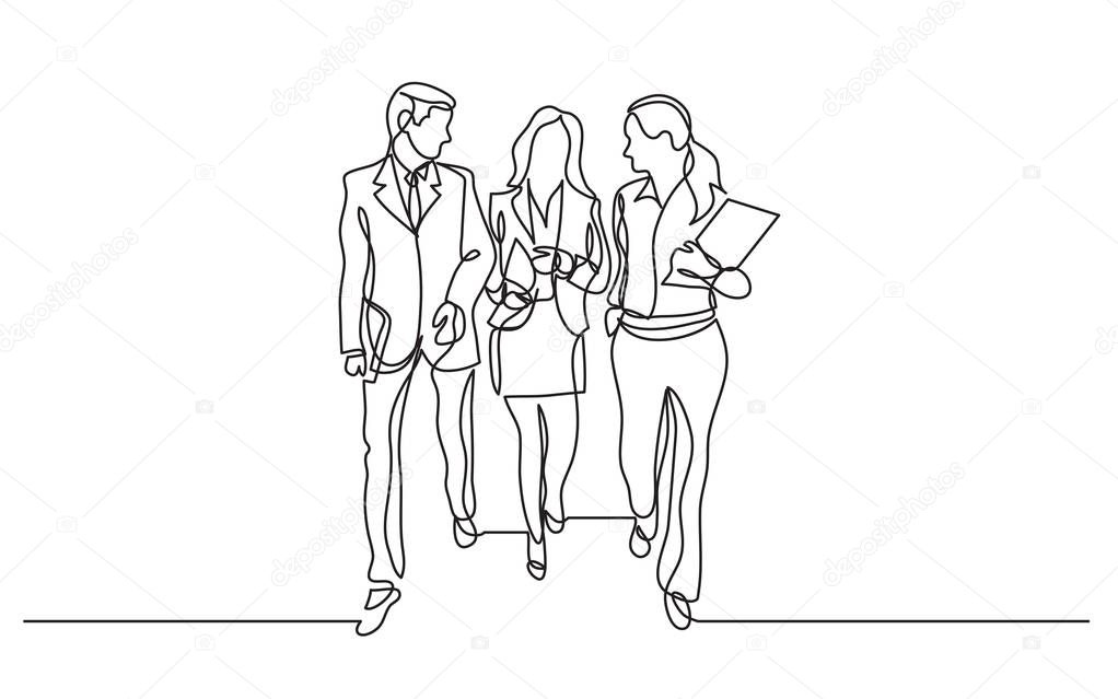 continuous line drawing of business team walking together discussing work