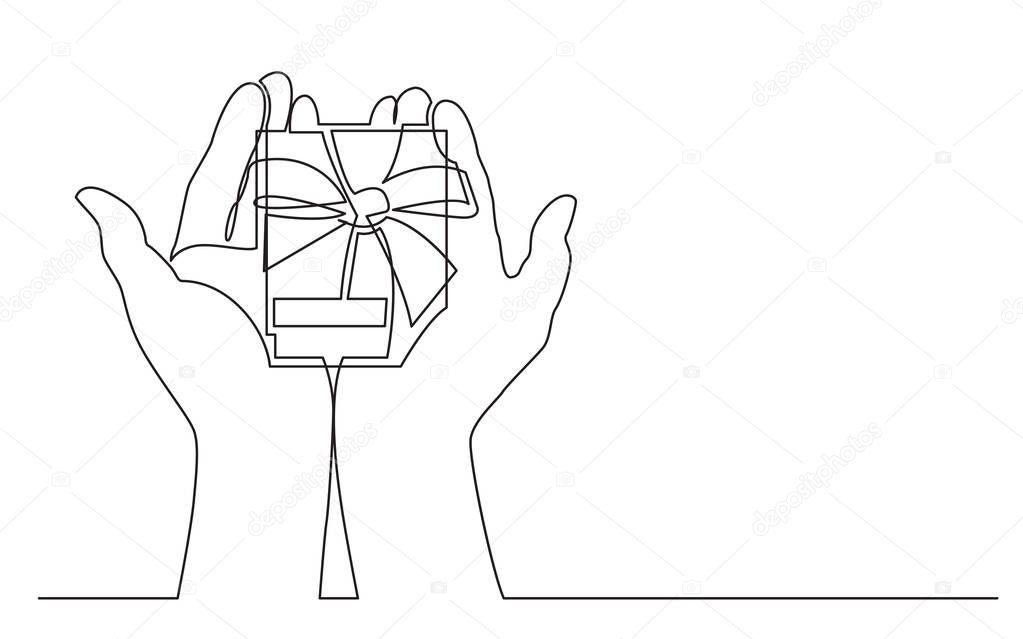 continuous line drawing of two hands holding gift box with ribbon
