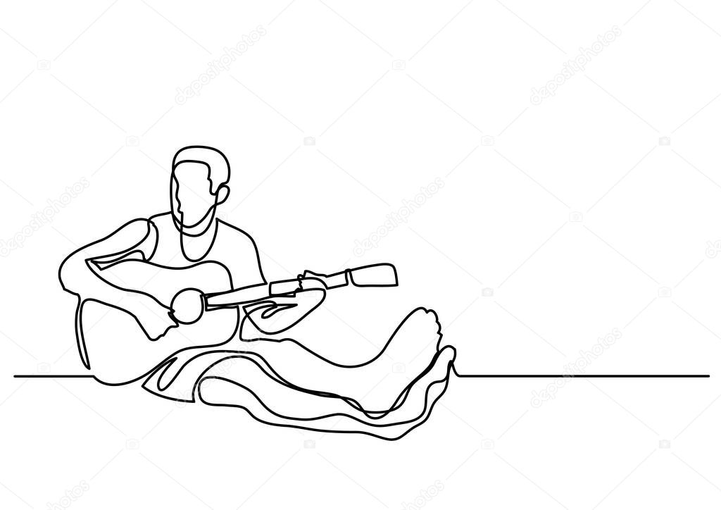 continuous line drawing of man sitting playing guitar