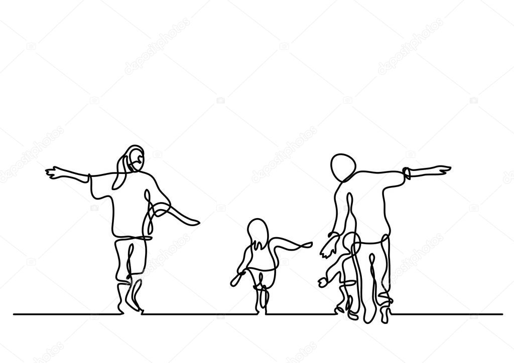 continuous line drawing of happy family having fun