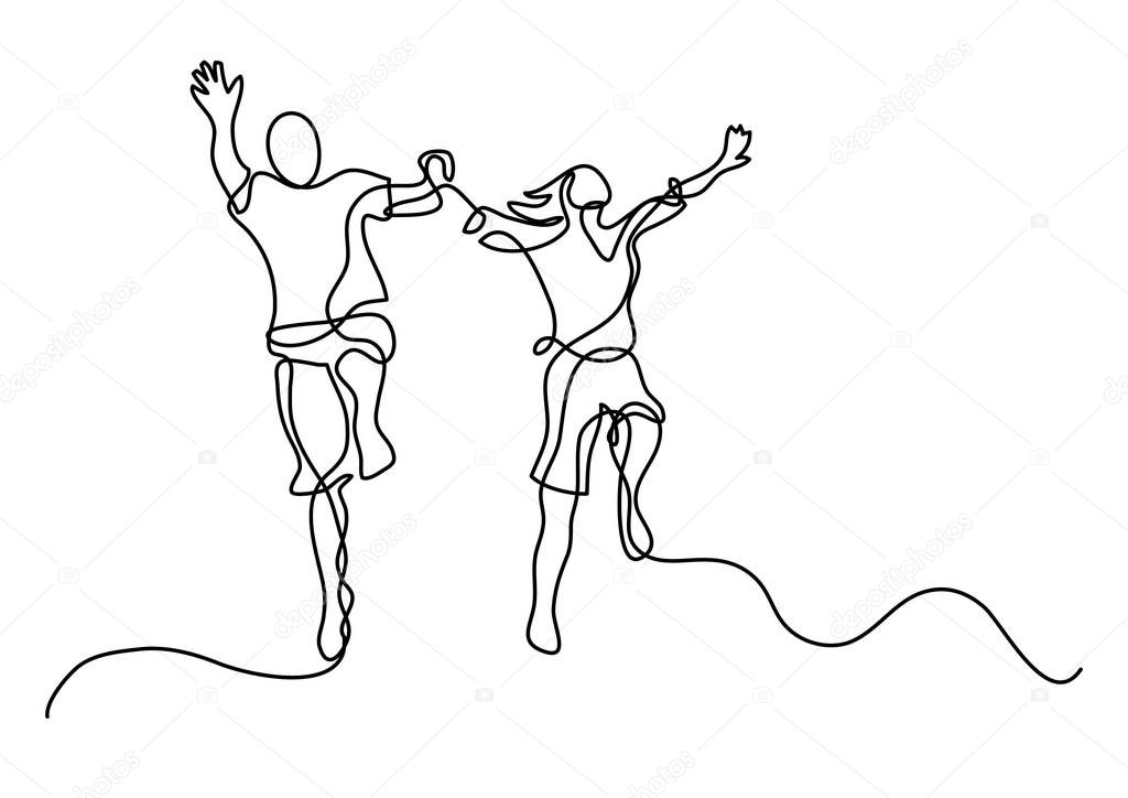 continuous line drawing of happy jumping couple