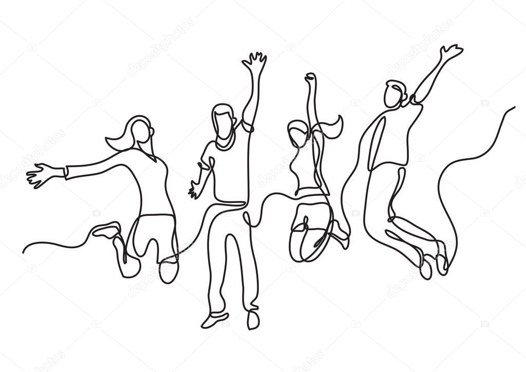 continuous line drawing of four jumping happy team members