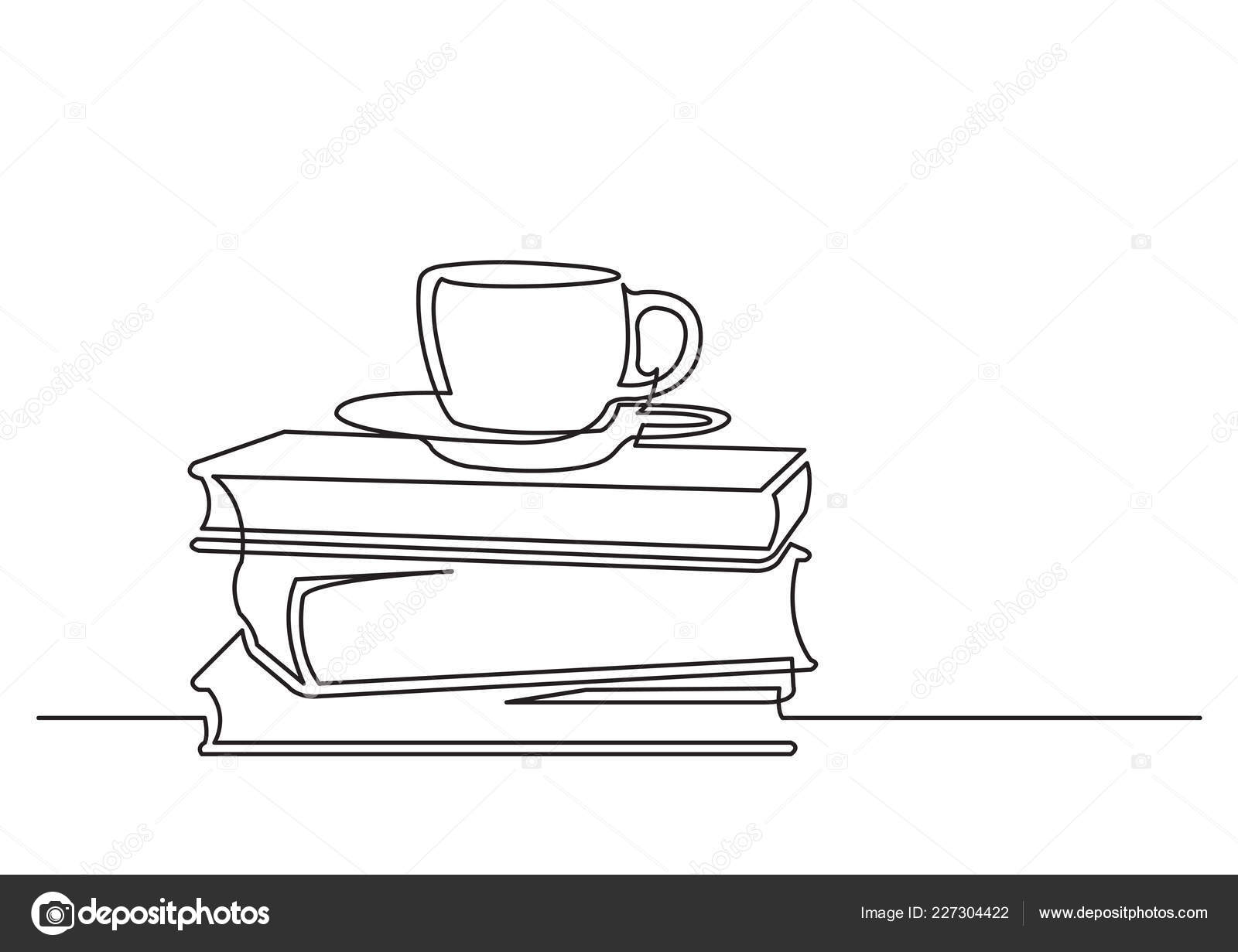 One Line Drawing Isolated Vector Object Books Cup Tea Stock Vector Image By C Onelinestock