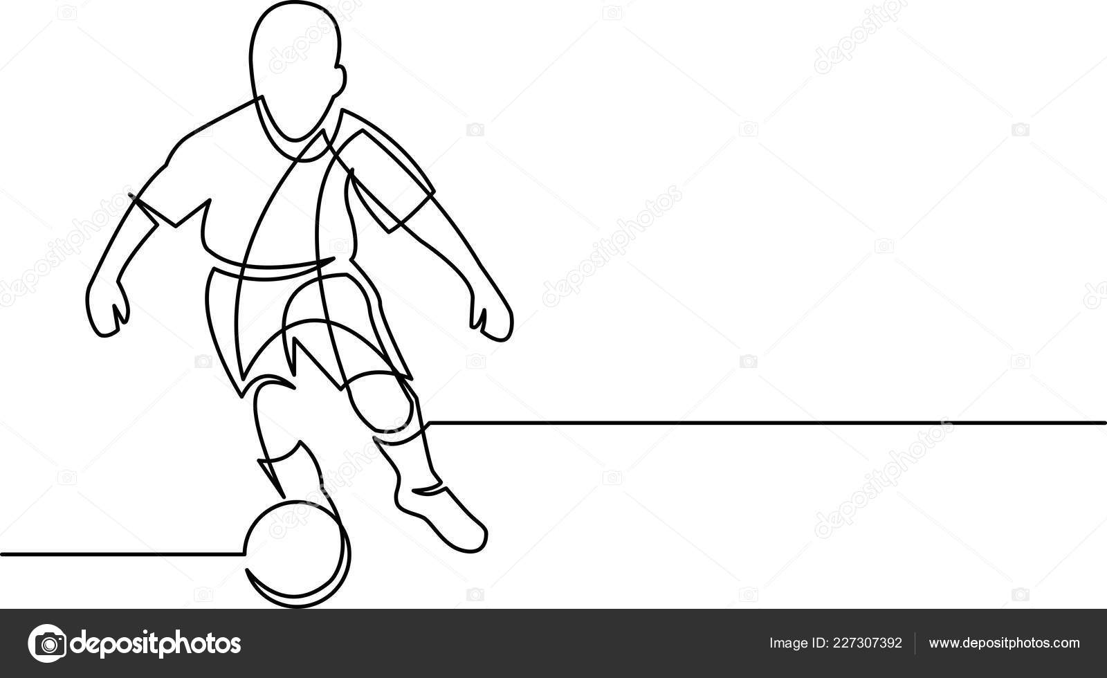 uma linha contínua de desenho de jovem jogador de futebol