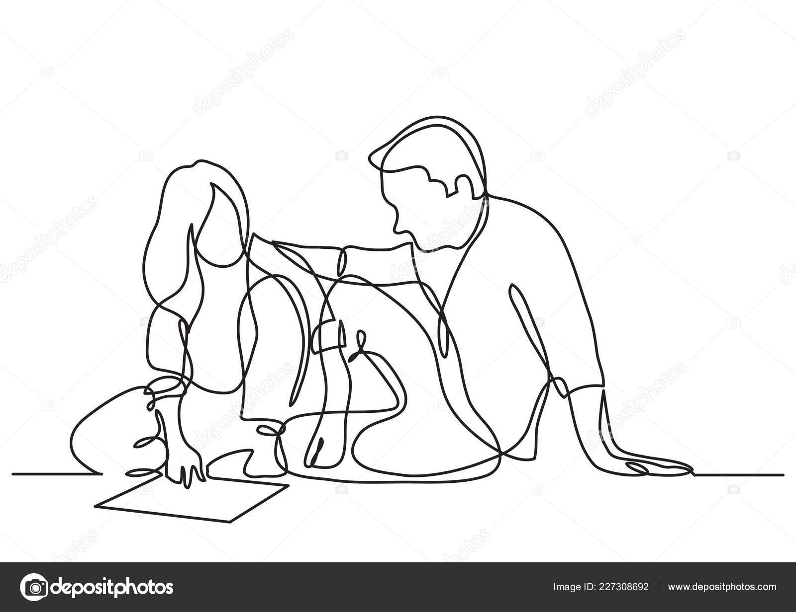 Continuous Line Drawing Man Woman Sitting Floor Discussing Plan Stock ...