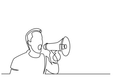continuous line drawing of man screaming on megaphone clipart