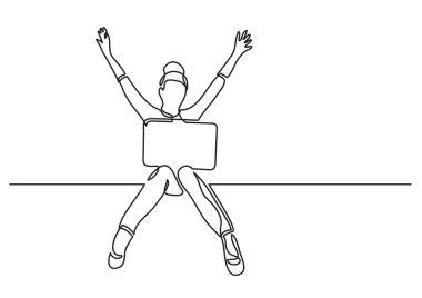 dizüstü bilgisayar ile oturup mutlu kadın sürekli çizgi çizme