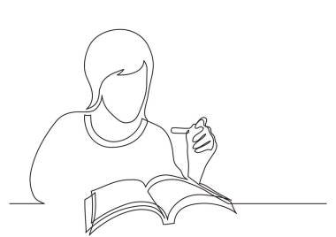 sürekli çizim için bir okuma kitabı okuyan kadın