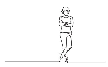 çapraz silah ile ayakta kendine güvenen kadının sürekli çizgi çizme