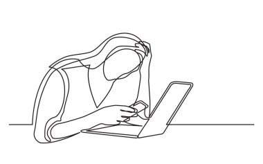 kadının cep telefonu ve umutsuzluk içinde laptop ile sürekli çizgi çizme