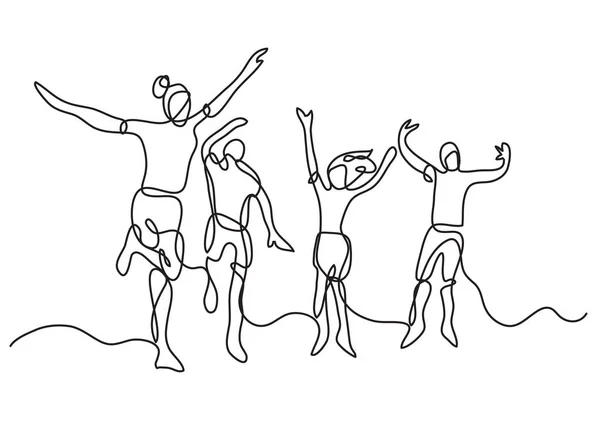 Непрерывный Рисование Линии Счастливые Подростки Прыжки Весело Провести Время Пляже — стоковый вектор
