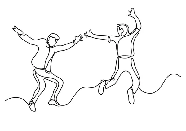 Continuous Line Drawing Two Happy Teenagers Jumping Having Fun — Stock Vector