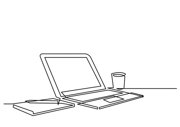 デスク ラップトップ コンピューター ペンの連続線の描画 — ストックベクタ