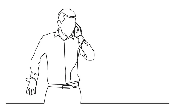 Linha Contínua Desenho Homem Emocionalmente Falando Telefone Celular — Vetor de Stock