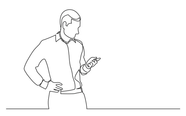 Continuous Line Drawing Standing Man Checking Mobile Phone — Stock Vector