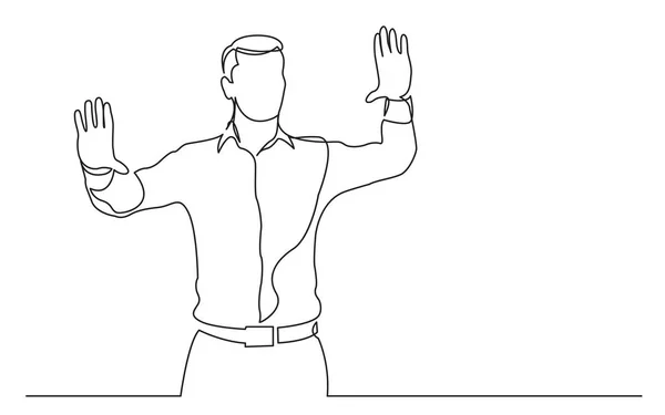 连续的线绘制站立的人显示与他的手 — 图库矢量图片