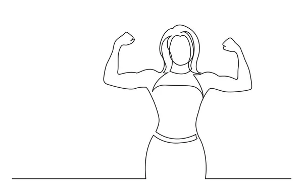 Kontinuierliche Linienzeichnung Einer Stehenden Frau Mit Starken Muskeln — Stockvektor