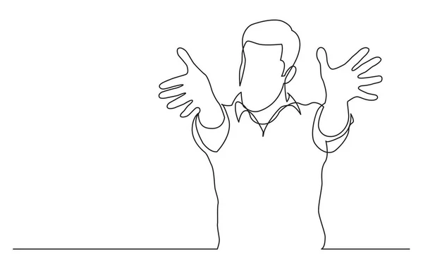 Συνεχή Γραμμικό Σχέδιο Από Άτομο Που Στέκεται Χαιρετισμό Τεντώνοντας Χέρια — Διανυσματικό Αρχείο