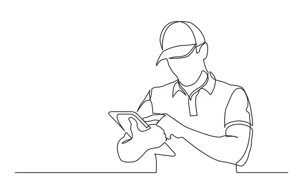 Continuous Line Drawing Standing Delivery Guy Filling Order Tablet — Stock Vector