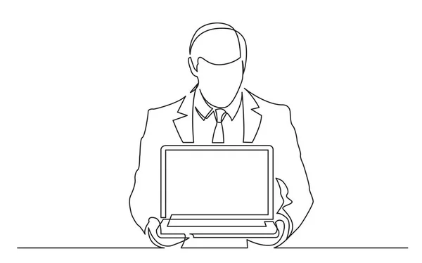 スーツ示すラップトップ コンピューターで立っている人の連続的な線の描画 — ストックベクタ