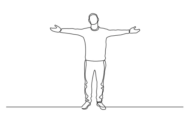 Continuous Line Drawing Standing Man Spreading Arms — Stock Vector