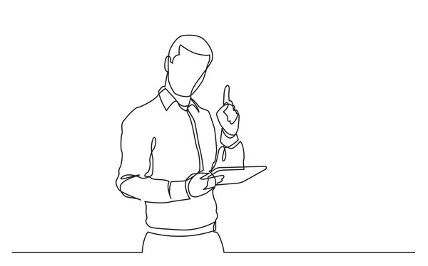 Desenho Linha Contínua Homem Com Tablet Apontando Dedo — Vetor de Stock