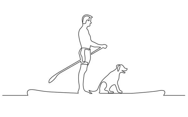 Безперервна Лінія Малюнка Веслування Людини Собаки Дошці — стоковий вектор
