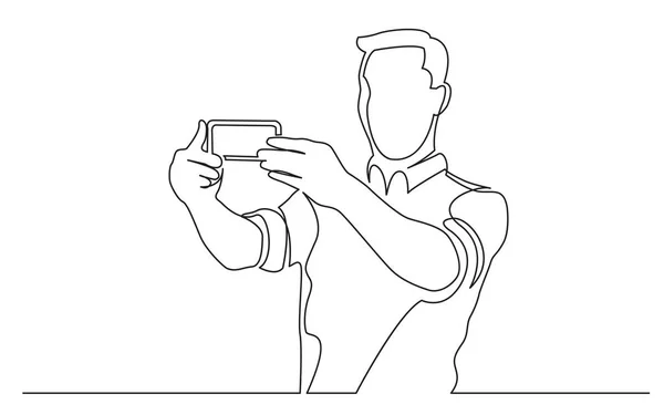 Kontinuální Perokresba Postavení Člověka Takže Selfie Jeho Mobilním Telefonem — Stockový vektor