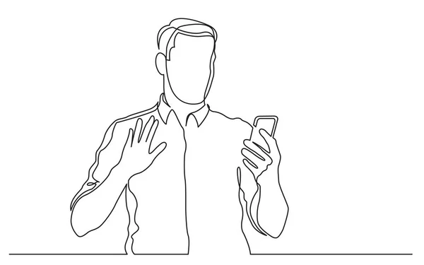 Continuous Line Drawing Standing Man Waving His Mobile Phone — Stock Vector
