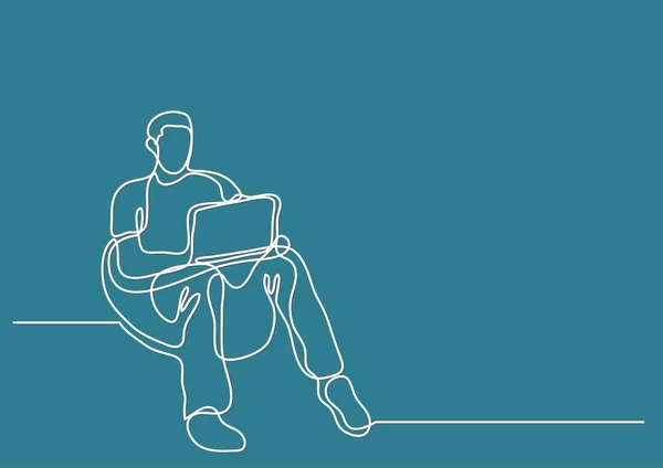 ラップトップ コンピューターと豆袋に坐っていた男の連続線の描画 — ストックベクタ