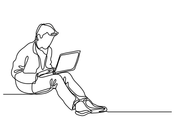 Kontinuierliche Linienzeichnung Eines Typen Der Mit Laptop Sitzt — Stockvektor