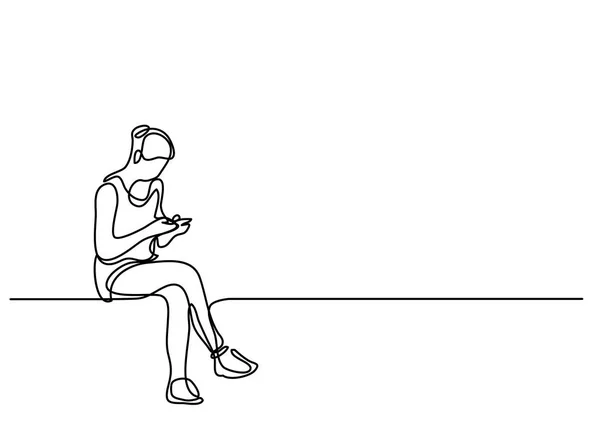 Ciągłego Rysowania Linii Młoda Kobieta Siedzi Czytanie Jej Telefon Komórkowy — Wektor stockowy