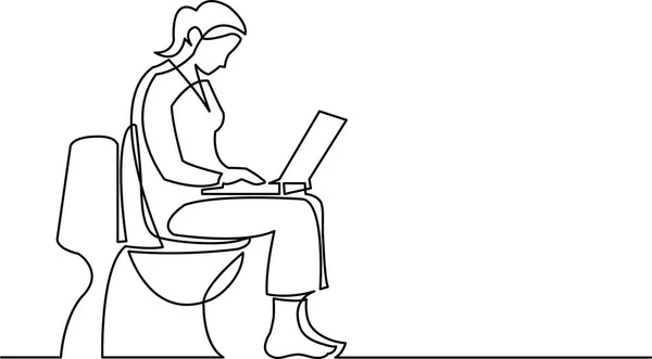 Dibujo Línea Continua Mujer Sentada Asiento Del Inodoro Con Computadora — Vector de stock