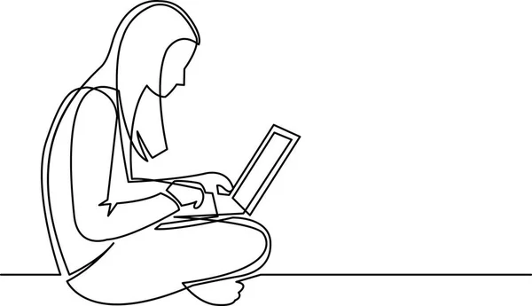 Dibujo Línea Continua Mujer Sentada Con Computadora Portátil — Vector de stock