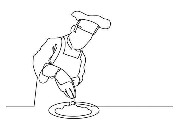 食事の準備を終えたシェフの連続線の描画 — ストックベクタ