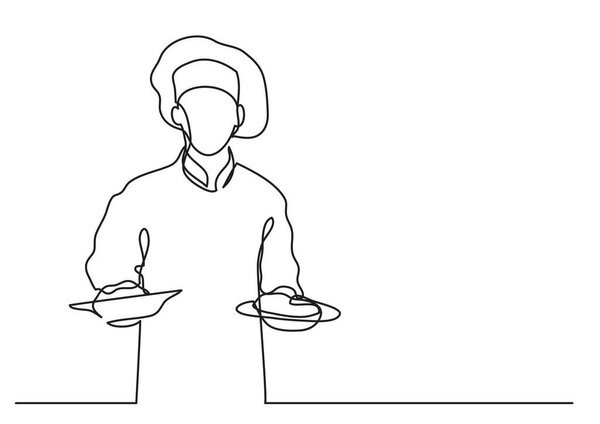 continuous line drawing of chef holding two meals