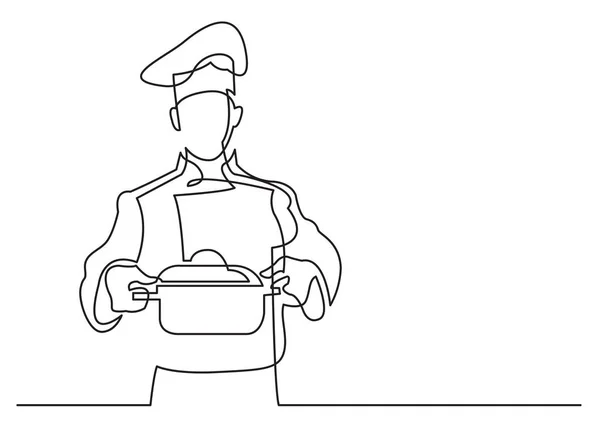 Desenho Linha Contínua Chef Segurando Panela Refeição —  Vetores de Stock