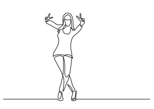 Línea Continua Dibujo Mujer Pie Feliz Mostrando Signo Victoria — Vector de stock