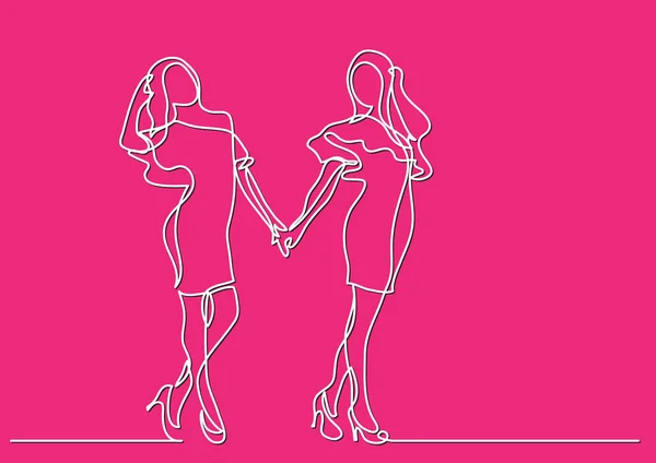 两个快乐站立的年轻女子的连续线绘制 — 图库矢量图片