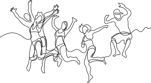 Línea Continua Dibujo Gente Feliz Saltando Equipo Amigos — Archivo Imágenes Vectoriales