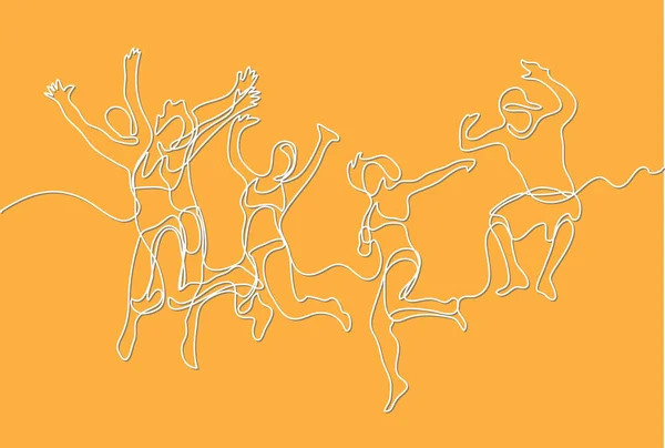 Desenho Linha Contínua Pessoas Felizes Saltando Equipe Amigos — Vetor de Stock