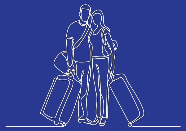 Dessin Ligne Continue Couple Voyageur Debout Avec Bagages Bagages — Image vectorielle