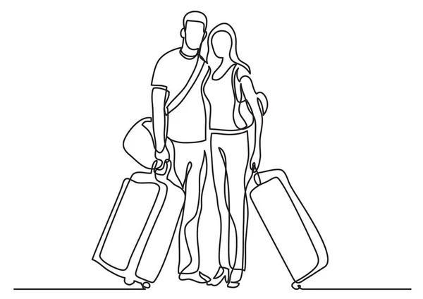 带着行李和行李站在一起的旅行情侣的连续线图 — 图库矢量图片