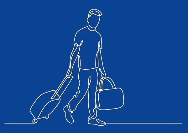 Συνεχή Γραμμικό Σχέδιο Του Ταξιδιώτη Περπάτημα Τροχαίο Τσάντα Ρόδες — Διανυσματικό Αρχείο