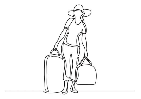 Kontinuerlig Linje Ritning Kvinna Traveler Transporterar Bagage — Stock vektor