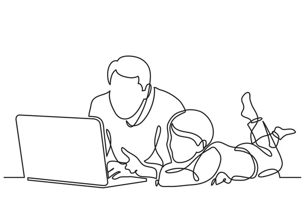 Continuous Line Drawing Father Child Watching Laptop Computer — Stock Vector