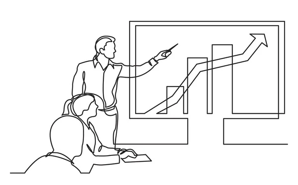 Kontinuierliche Linienzeichnung Der Geschäftspräsentation Teambesprechung Mit Diagrammen Und Diagrammen — Stockvektor