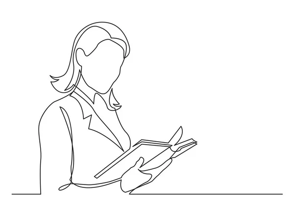 Línea Continua Dibujo Mujer Negocios Libro Lectura — Vector de stock