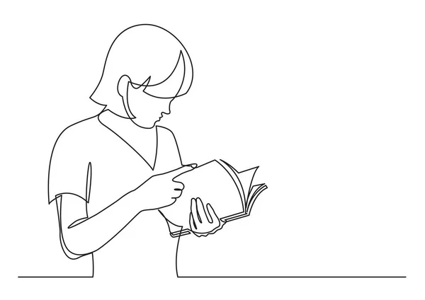 Συνεχής Γραμμή Κατάρτιση Στέκεται Νεαρή Γυναίκα Ανάγνωση Βιβλίων — Διανυσματικό Αρχείο