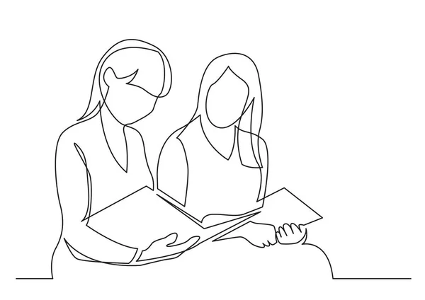 Continuous Line Drawing Two Young Women Reading Book — Stock Vector